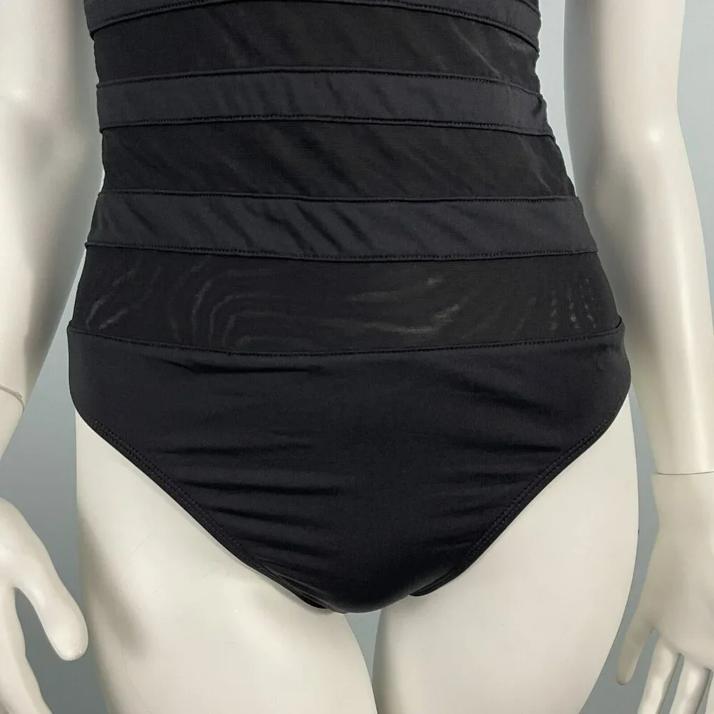 La Blanca‎ Halter Sheer Striped Slimming One Piece Swimwear Black Size 10